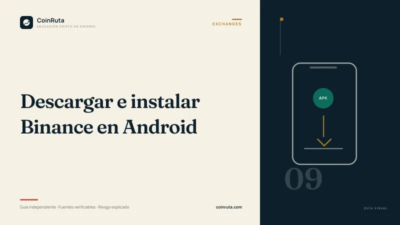 Portada editorial de CoinRuta para la guía «Cómo descargar e instalar Binance en Android»: panel crema con el título y, sobre fondo oscuro, un teléfono con una flecha de descarga.