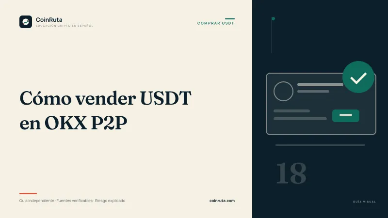 Portada editorial de CoinRuta para la guía «Cómo vender USDT en OKX P2P»: panel crema con el título y, sobre fondo oscuro, un comprobante estilizado con un sello circular de verificación.