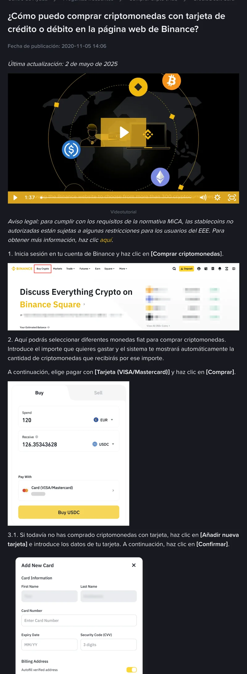 Captura real de la guía de Binance sobre cómo comprar criptomonedas con tarjeta en la web, con los pasos de inicio de sesión, selección de importe y elección del método de pago.