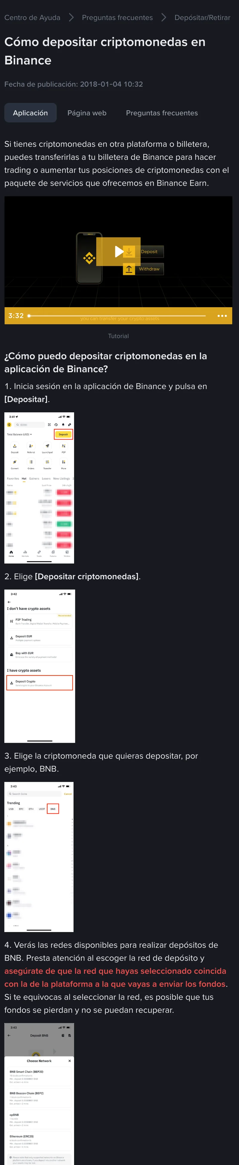 Captura real de la guía de Binance sobre cómo depositar criptomonedas en la aplicación, con los pasos numerados y las pantallas de la app: Depositar, Depositar criptomonedas, selección del activo y el selector de red con las opciones disponibles.