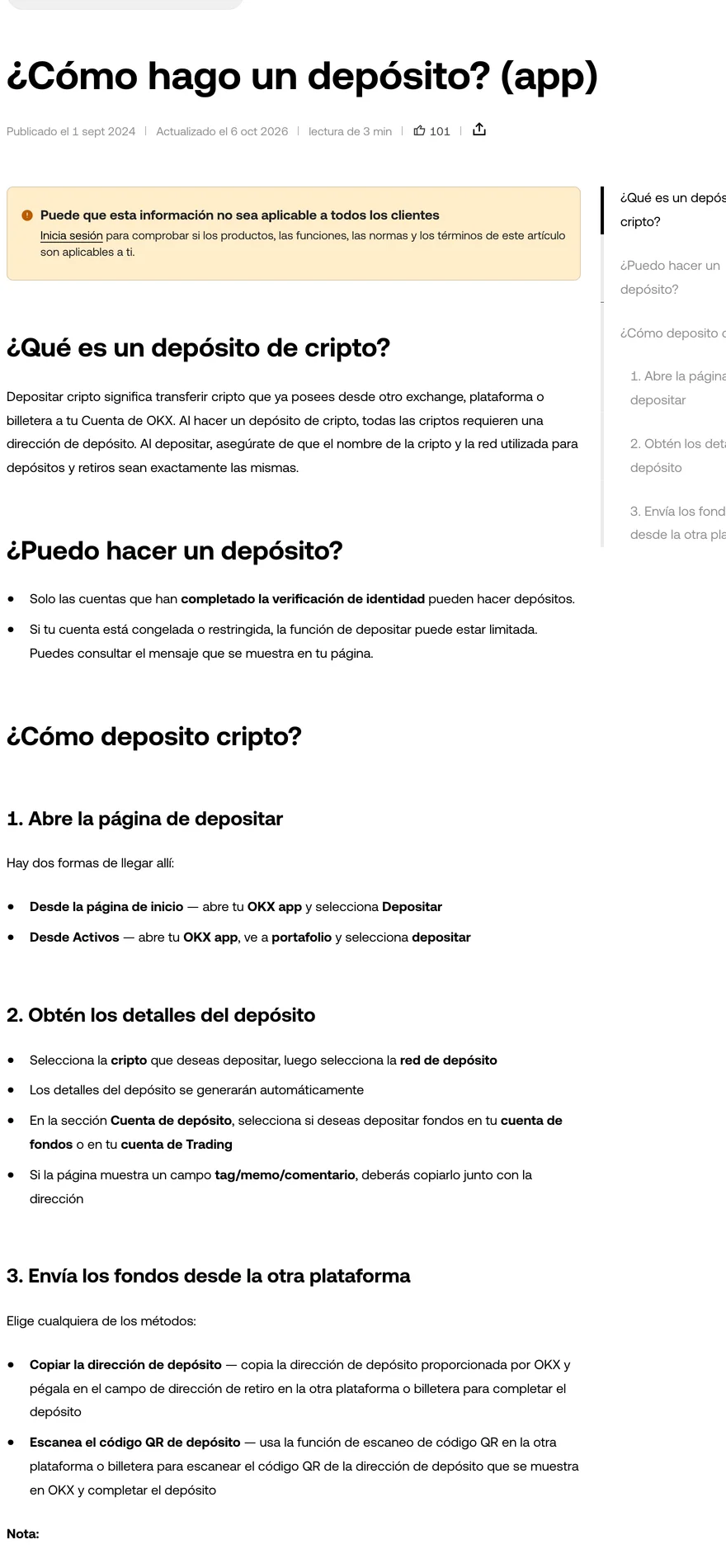 Captura real de la guía de OKX sobre cómo hacer un depósito en la aplicación, con la fecha de actualización, los requisitos previos y los tres pasos: abrir la página de depositar, obtener los detalles y enviar los fondos desde la otra plataforma.