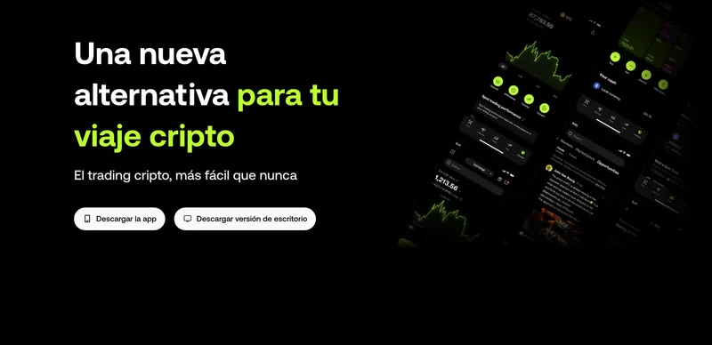 Encabezado de la página pública de descarga de OKX en español, con el texto de presentación de la aplicación y los botones para descargar la app móvil y la versión de escritorio.