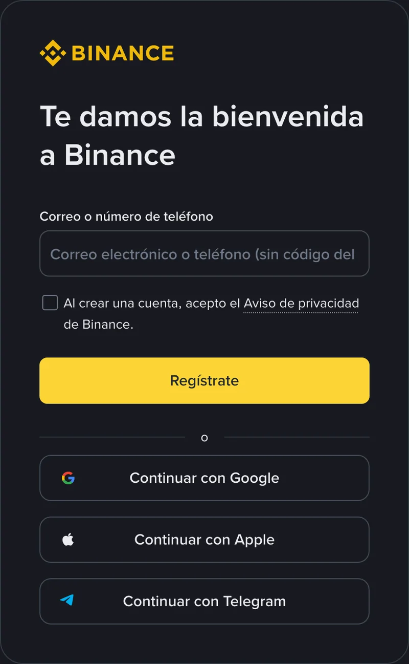 Tarjeta pública de registro de Binance en español con el campo de correo o número de teléfono, la casilla de aviso de privacidad y las opciones para continuar con Google, Apple o Telegram.