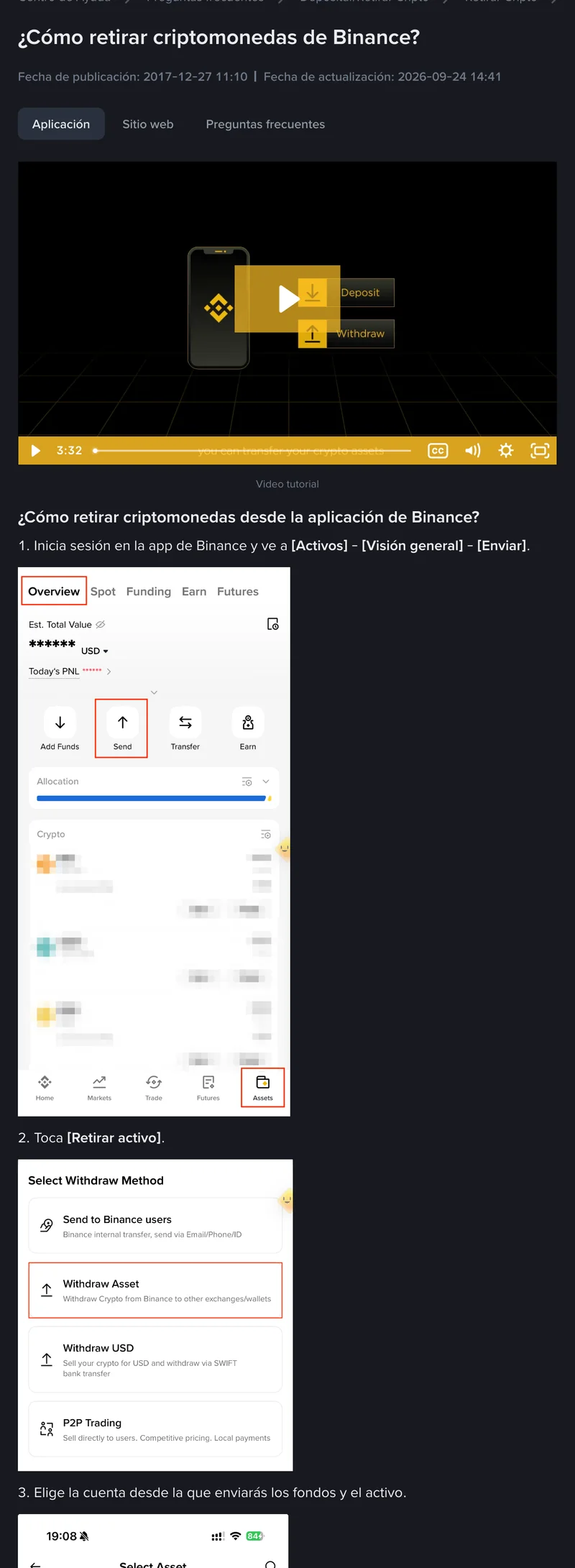 Captura real de la guía de Binance sobre cómo retirar criptomonedas, con la pestaña de la aplicación activa y los primeros pasos del retiro en la app.