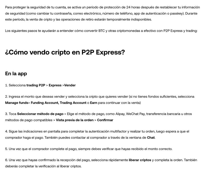 Captura real de la página de ayuda de OKX sobre cómo vender cripto en el trading P2P, con el resumen de requisitos y las capturas de la app del modo Exprés y del trading P2P.