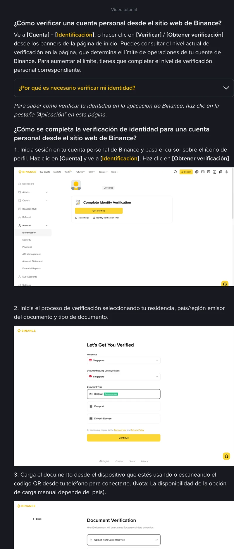 Captura de la página pública de ayuda de Binance en español con los pasos de la verificación de identidad: acceso desde Cuenta › Identificación, selección de residencia y documento, carga del anverso y el reverso y prueba de vida.