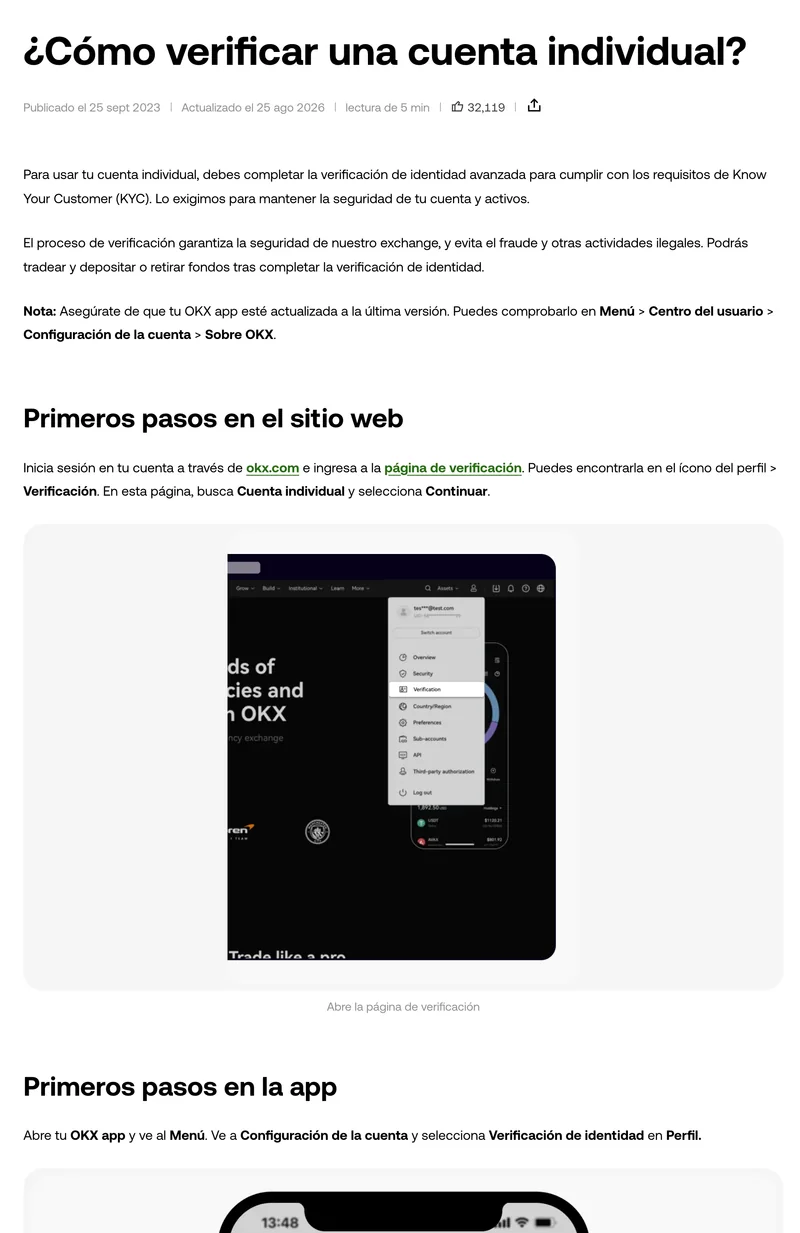 Captura de la página pública de OKX que explica cómo verificar una cuenta individual, con la ruta de acceso desde la web, la ruta desde la aplicación y los bloques de información básica, documento y selfie.