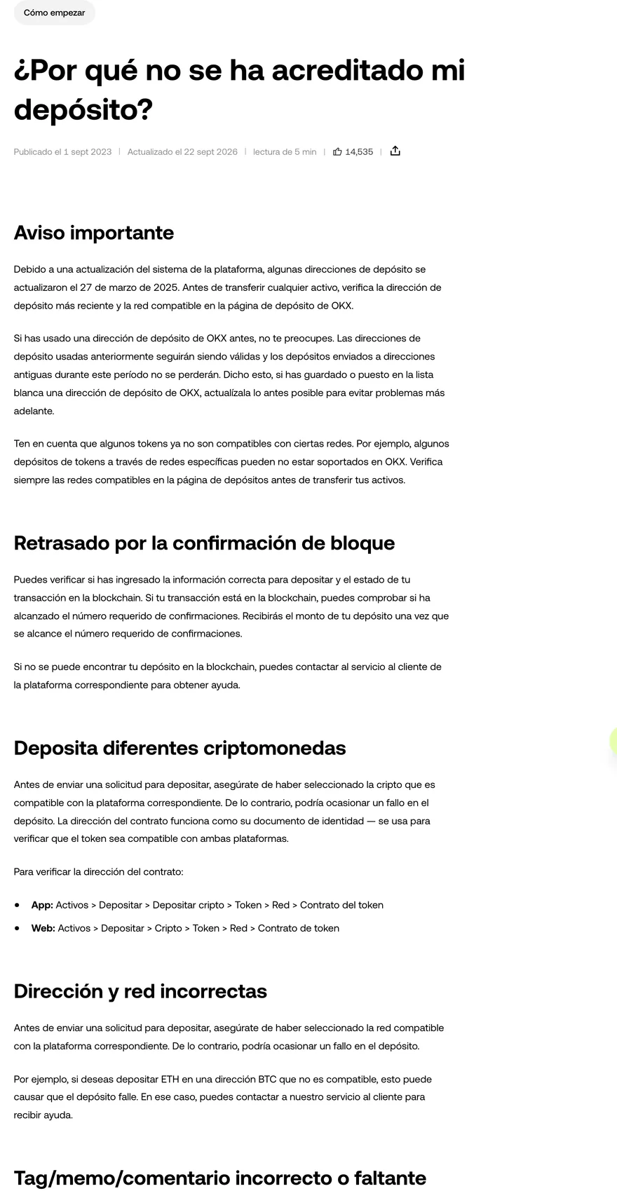 Captura real de la guía de OKX sobre por qué no se ha acreditado un depósito, con el aviso sobre la actualización de direcciones y las secciones de retraso por confirmación, dirección y red incorrectas y tag o memo faltante.