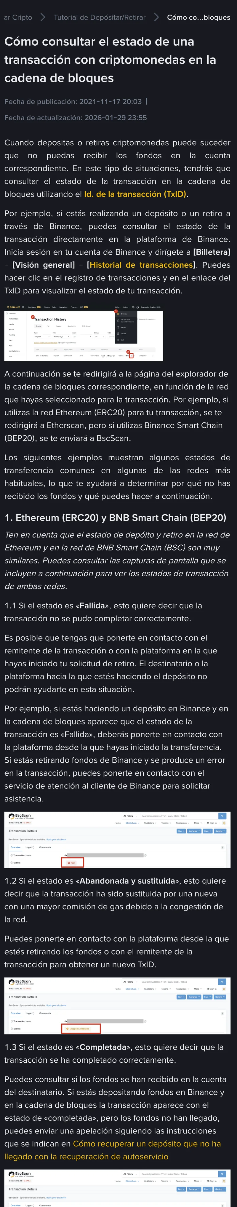 Captura real de la guía de Binance sobre cómo consultar el estado de una transacción en la blockchain, con capturas de BscScan que muestran los estados Fallida, Abandonada y sustituida y Completada.
